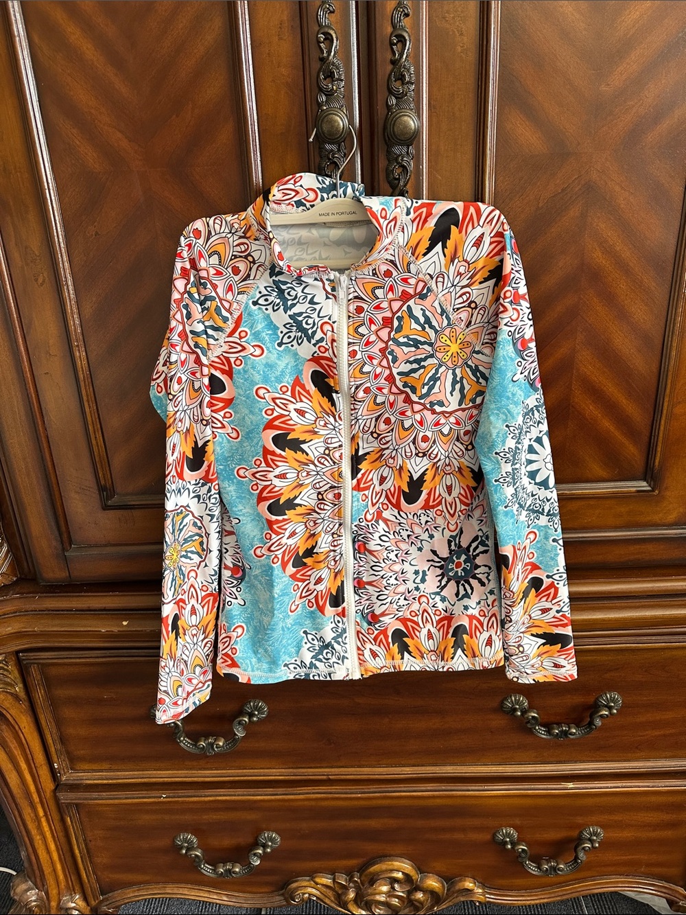 BeachsissiVibrant Floral Medallion Zip Jacket - Teal, Orange & White